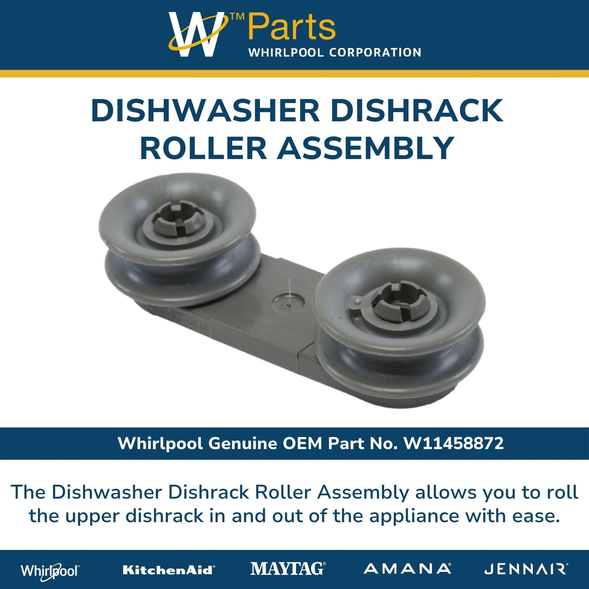 Whirlpool W11458872 Genuine OEM Dishwasher Dishrack Roller Assembly Replacement Part - Replaces W10902242