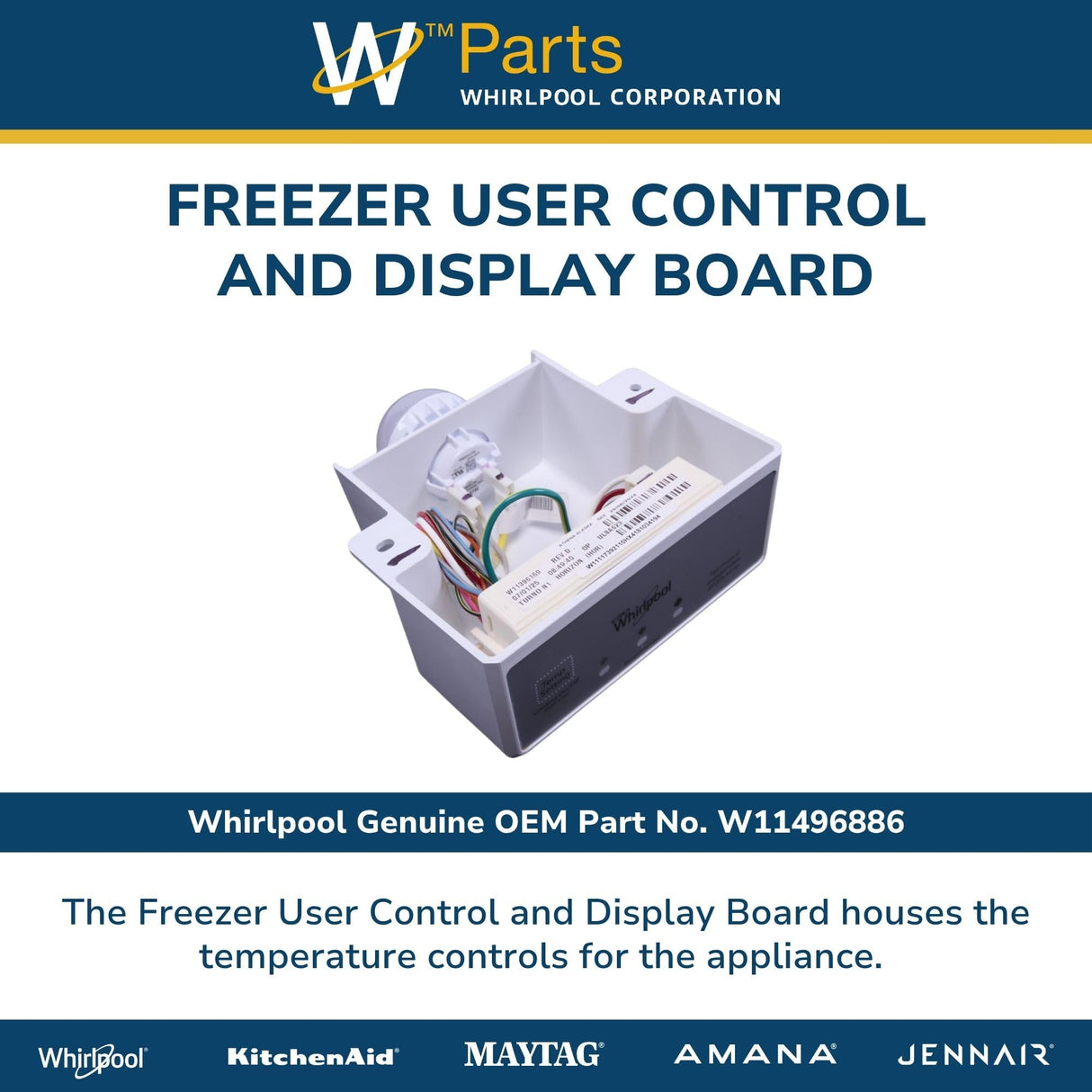 Whirlpool W11496886 Genuine OEM Freezer User Control and Display Board Replacement Part - Replaces W11221362, W11396169, and W11293202