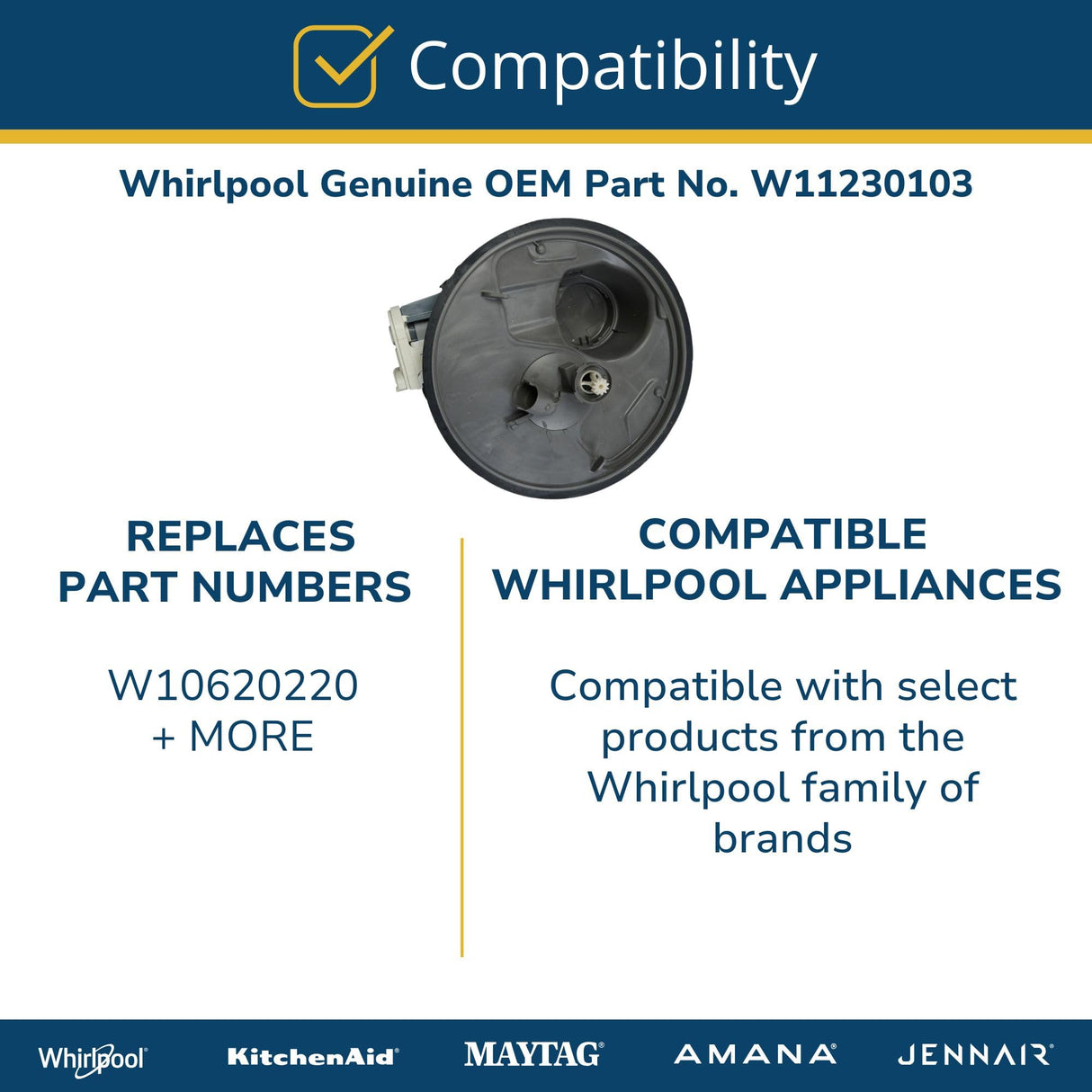Whirlpool W11230103 Genuine OEM Dishwasher Sump and Motor Assembly Replacement Part - Replaces W10620220