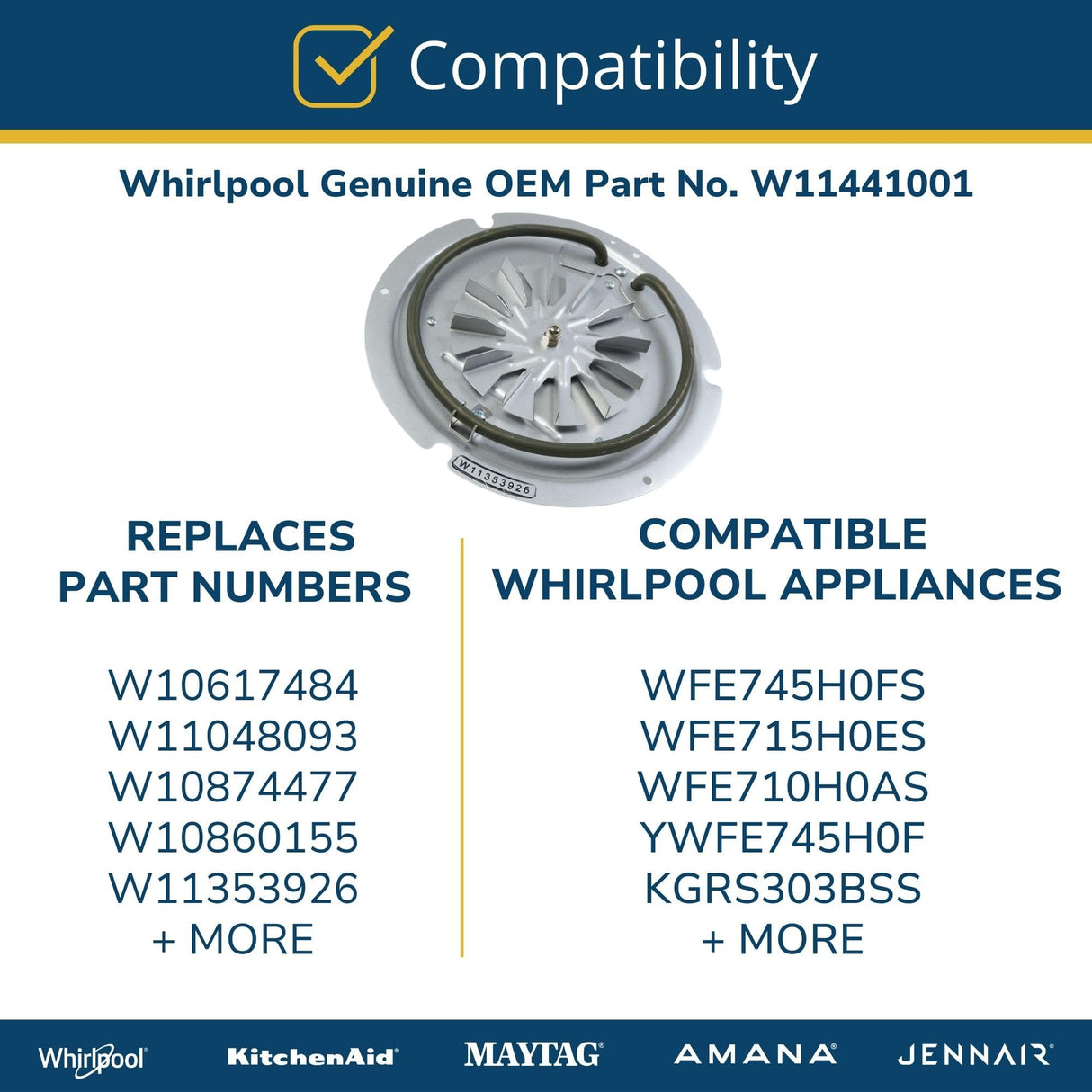 Whirlpool W11441001 Genuine OEM Range Convection Fan Assembly Replacement Part - Replaces W10617484, W11048093, W10874477, and more