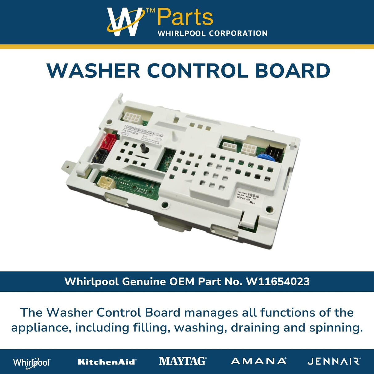 Whirlpool W11654023 Genuine OEM Washer Control Board Replacement Part - Replaces W11419215, W11320239, and W11646282