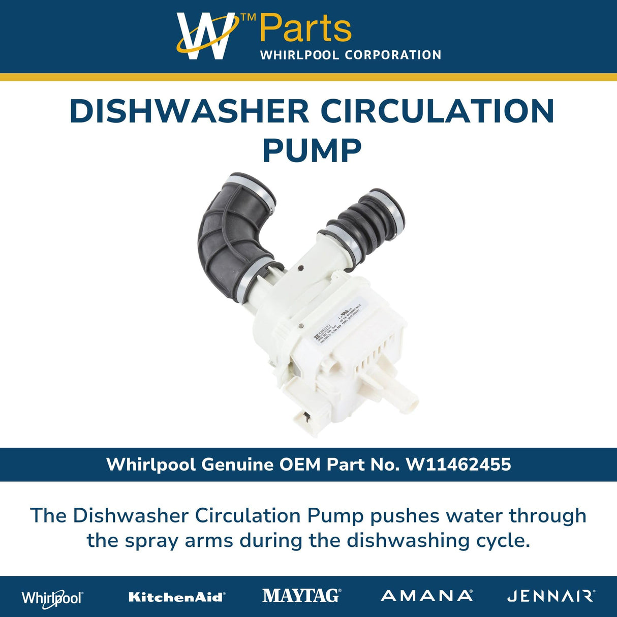 Whirlpool W11462455 Genuine OEM Dishwasher Circulation Pump