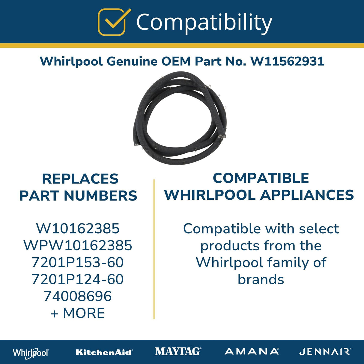 Whirlpool W11562931 Genuine OEM Electric Range Oven Door Gasket