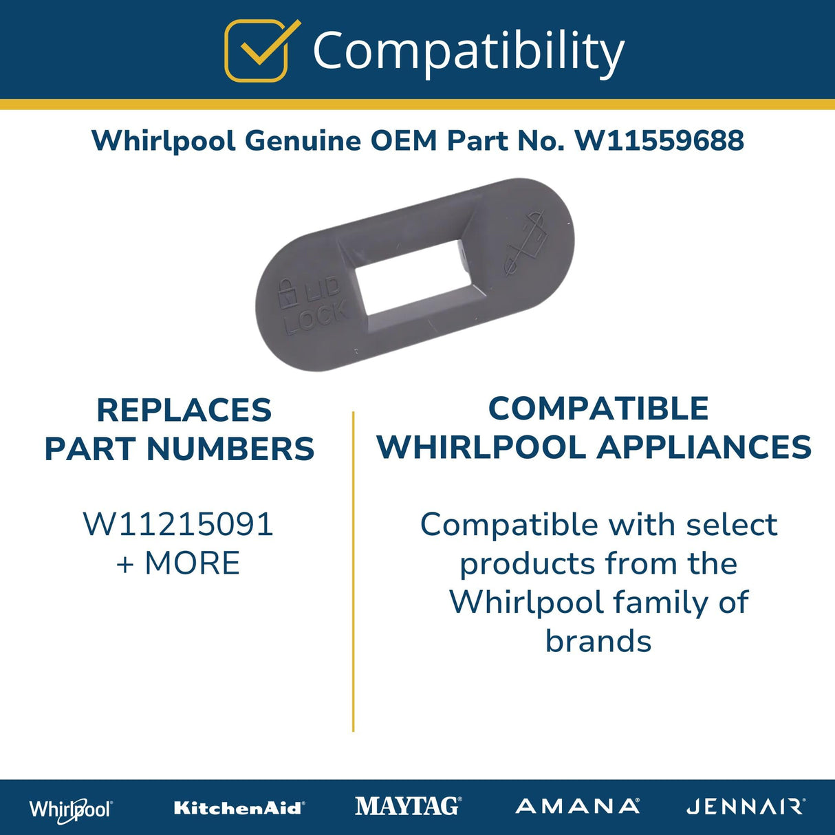 Whirlpool W11559688 OEM Top Load Washer Lid Lock Bezel, Gray