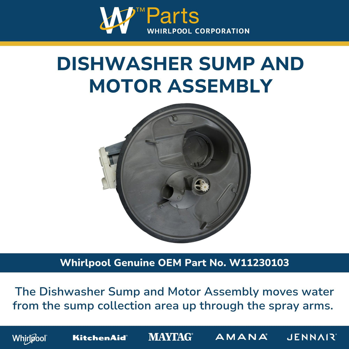 Whirlpool W11230103 Genuine OEM Dishwasher Sump and Motor Assembly Replacement Part - Replaces W10620220