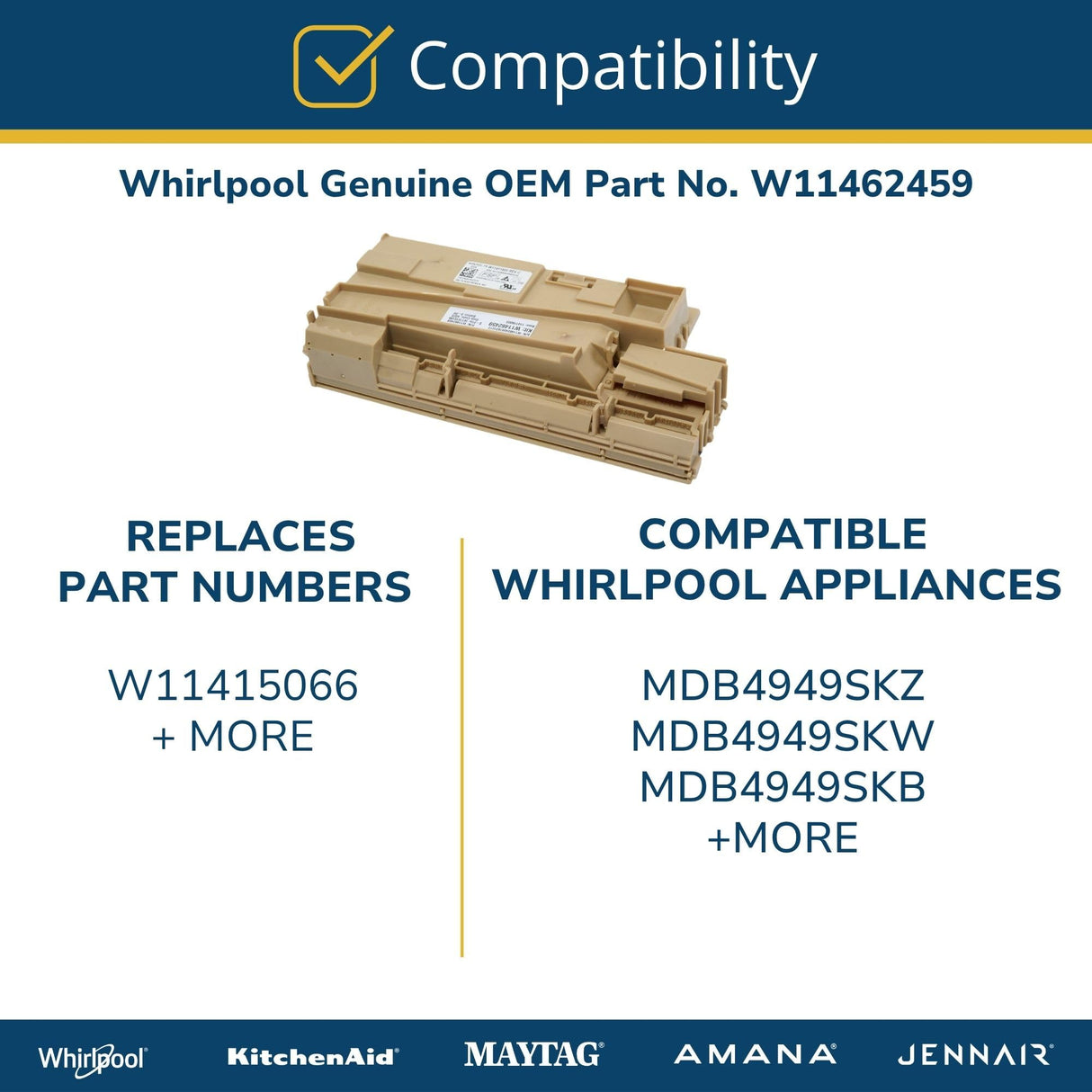 Whirlpool W11462459 Genuine OEM Dishwasher Electronic Control Board Replacement Part - Replaces W11415066