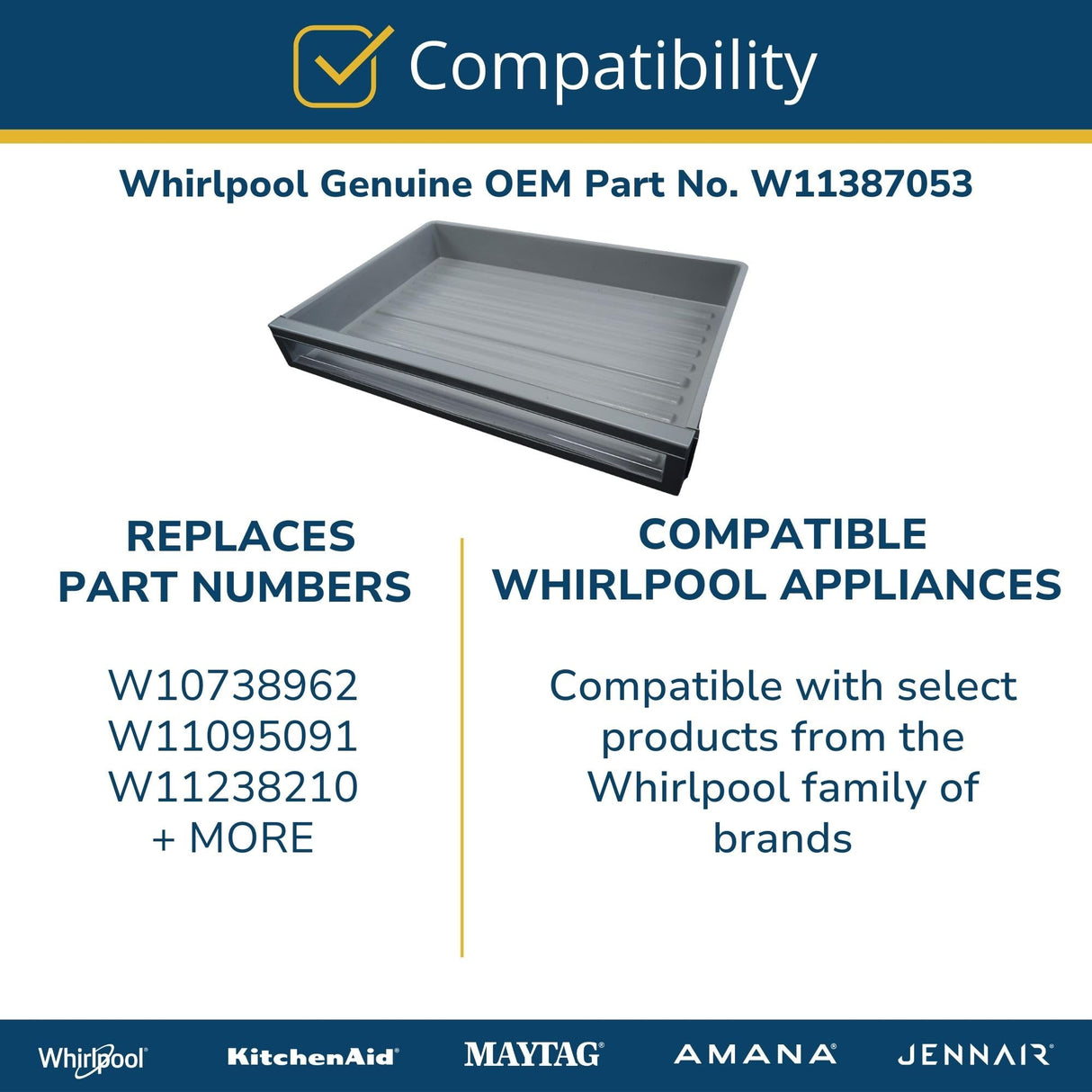 Whirlpool W11387053 Genuine OEM Refrigerator Freezer Bin Replacement Part - Replaces W10738962, W11095091, and W11238210