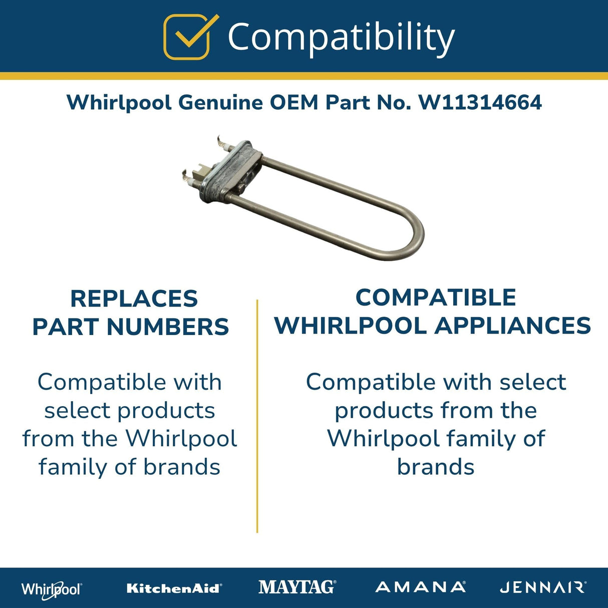 Whirlpool W11314664 Genuine OEM Washer Heating Element Replacement Part