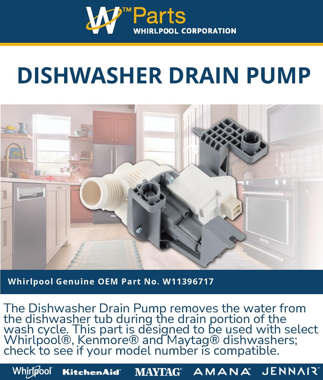 Whirlpool W11396717 Genuine OEM Dishwasher Drain Pump