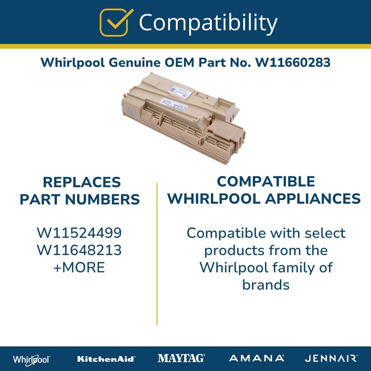 Whirlpool W11660283 Genuine OEM Dishwasher Control Panel Replacement Part - Replaces W11524499 and W11648213