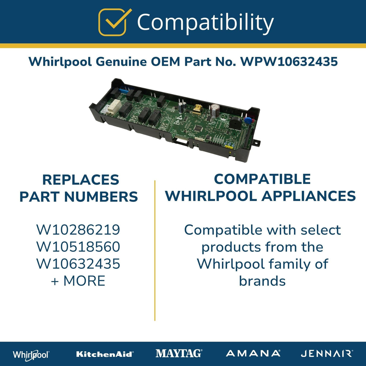 Whirlpool WPW10632435 Genuine OEM Range Oven Control Board Replacement Part - Replaces W10286219, W10518560, and W10632435