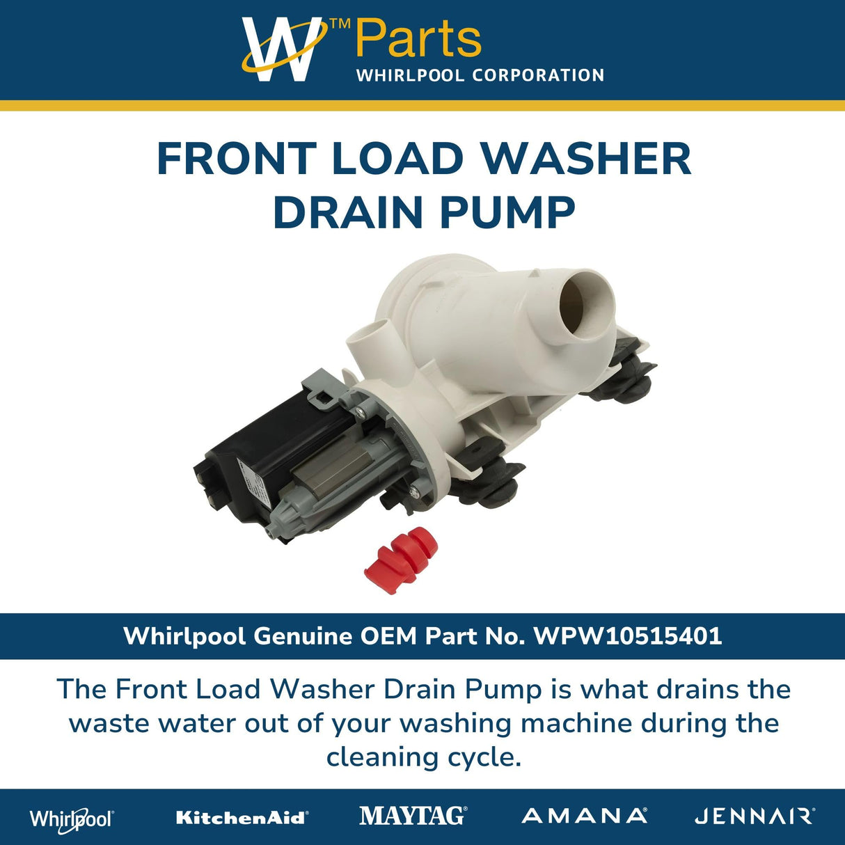Whirlpool W10515401 Washer Drain Pump Assembly (replaces W10422024, W10515401) Genuine Original Equipment Manufacturer (OEM) part