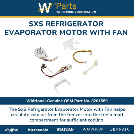 Whirlpool 8201589 Genuine OEM SxS Refrigerator Evaporator Motor with Fan Replacement Part - Replaces 2208939 and 4389216