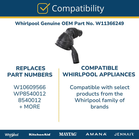 Whirlpool W11366249 Genuine OEM Washer Tub to Pump Hose