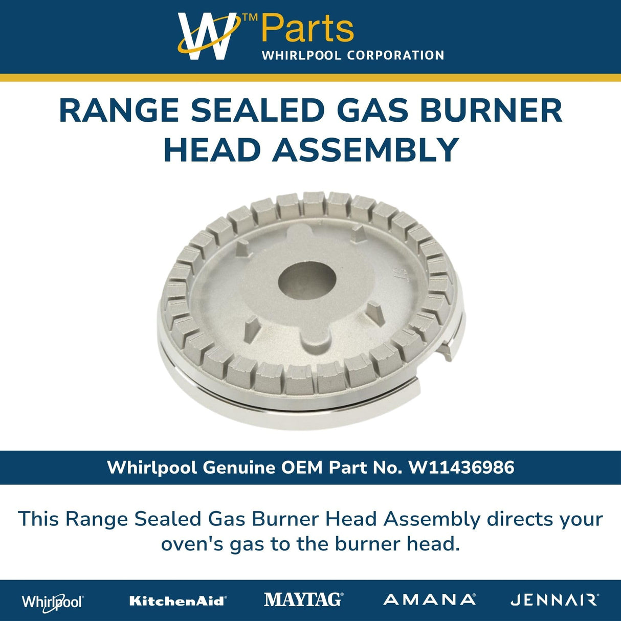 Whirlpool W11436986 Genuine OEM Range Sealed Gas Burner Head Assembly Replacement Part - Replaces W11348511