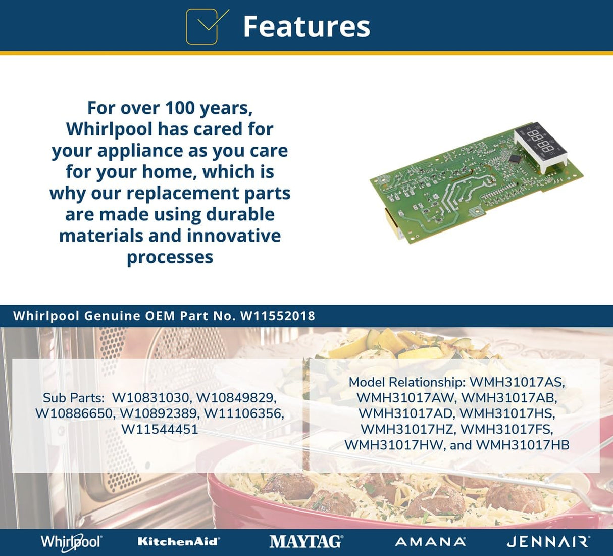 Whirlpool W11552018 Genuine OEM Microwave Electronic Control Board Replacement Part - Replaces W10831030, W10849829, W10886650, W10892389, W11106356, and W11544451