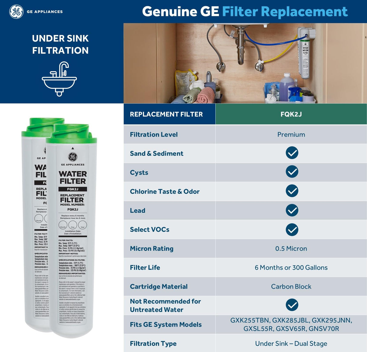GE GXK255TBN Dual Stage Under Sink Water Filtration System with Faucet