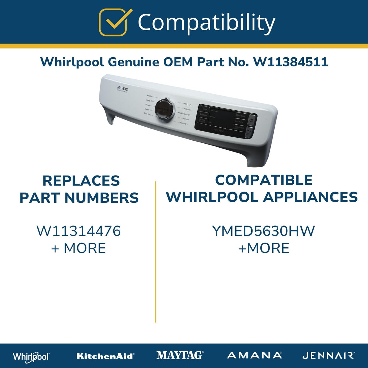 Whirlpool W11384511 Genuine OEM Dryer Control Panel Assembly