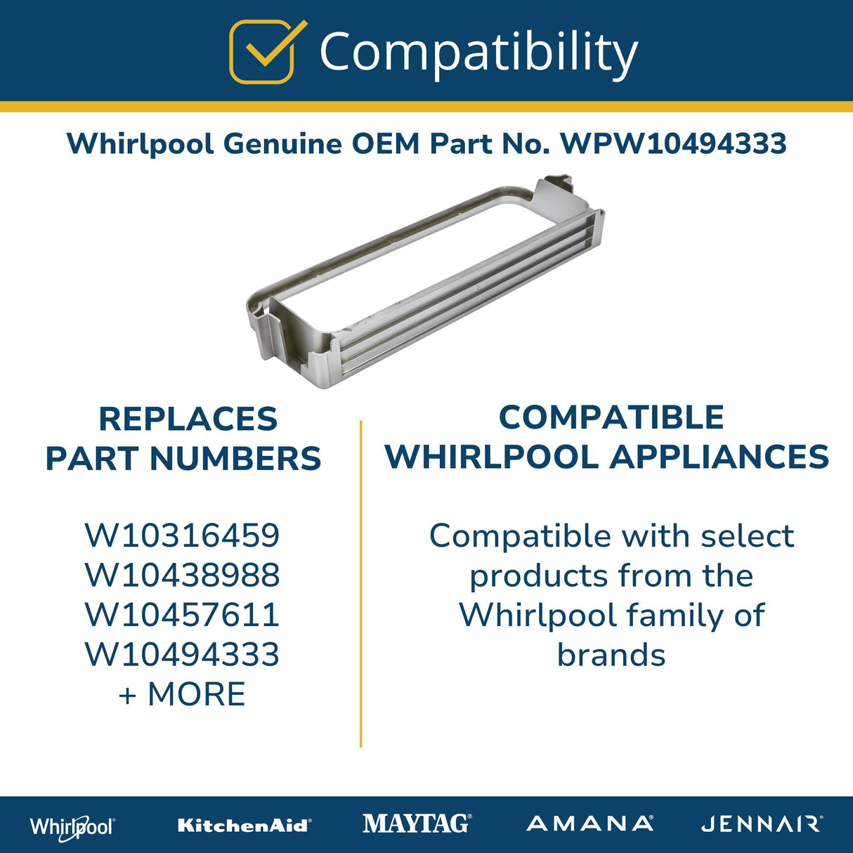 Whirlpool WPW10494333 Genuine OEM Refrigerator Door Shelf Bin Frame Replacement Part - Replaces W10316459, W10438988, W10457611, and W10494333