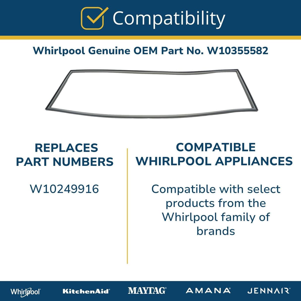 Whirlpool W10355582 Genuine OEM Refrigerator Door Gasket Replacement Part - Replaces W10249916