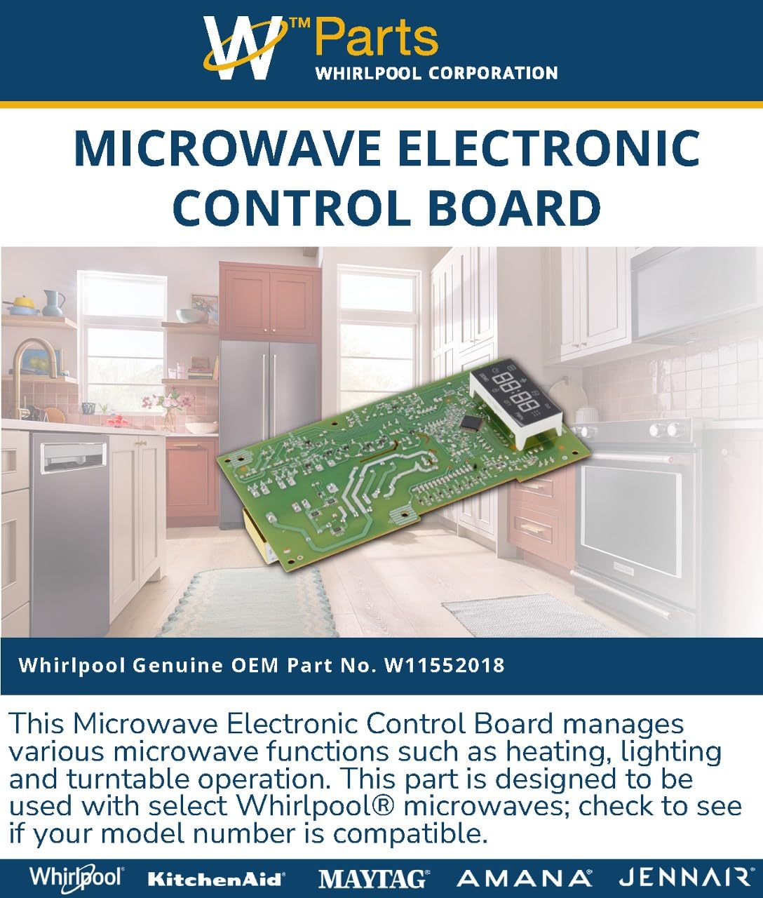 Whirlpool W11552018 Genuine OEM Microwave Electronic Control Board Replacement Part - Replaces W10831030, W10849829, W10886650, W10892389, W11106356, and W11544451
