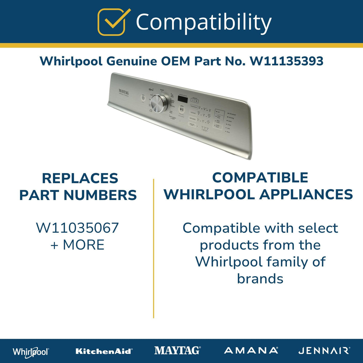 Whirlpool W11135393 Genuine OEM Top Load Washer User Interface Assembly