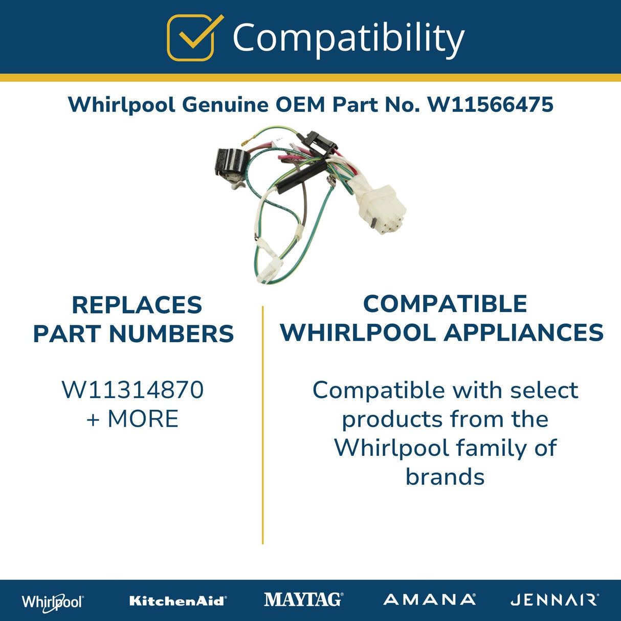 Whirlpool W11566475 Genuine OEM Refrigerator Evaporator Fan Motor Wire Harness 