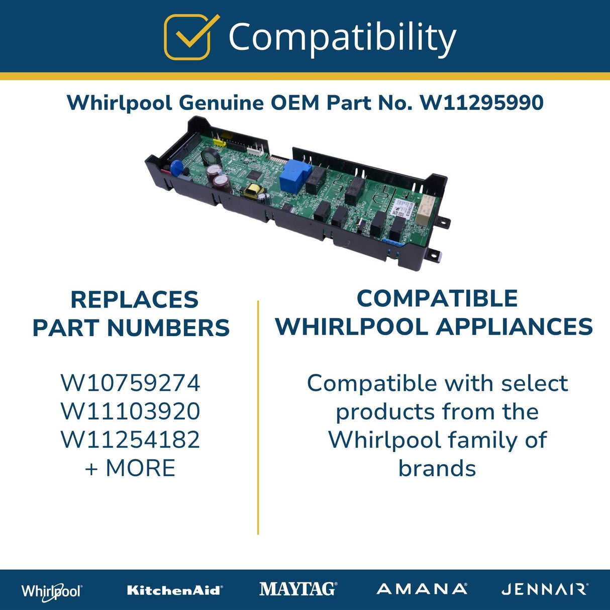 Whirlpool W11295990 Genuine OEM Range Electronic Control Board Replacement Part - Replaces W10759274, W11103920, and W11254182