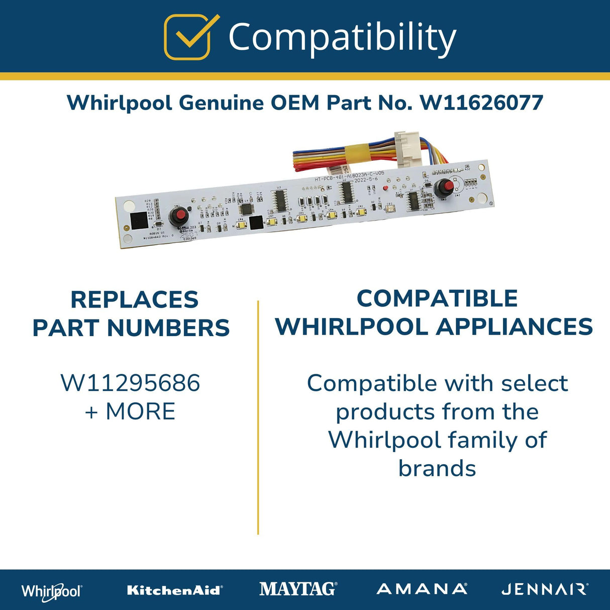 Whirlpool W11626077 Genuine OEM Top Load Washer User Interface Assembly
