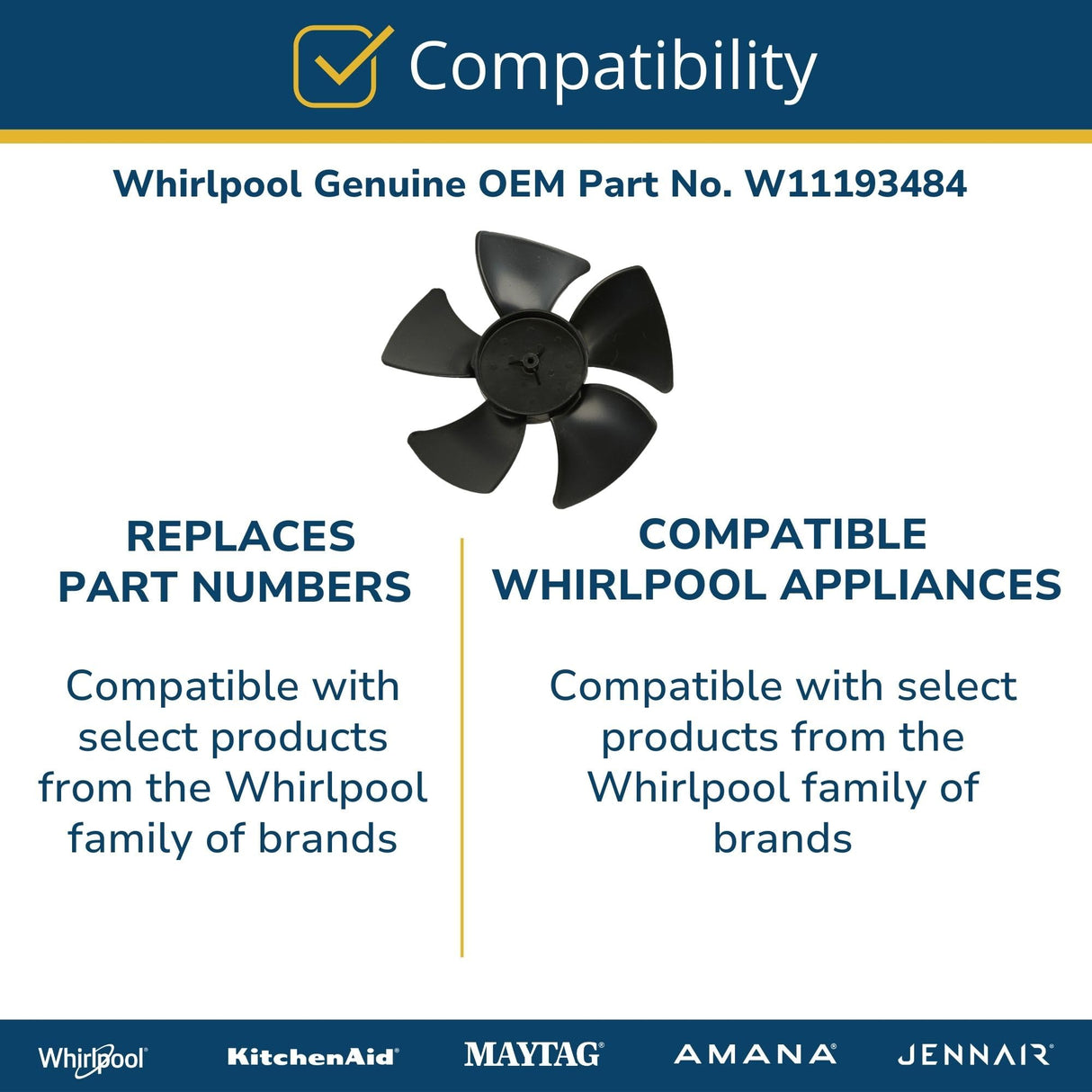 Whirlpool W11193484 Genuine OEM Refrigerator Condenser Fan Motor Blade Replacement Part
