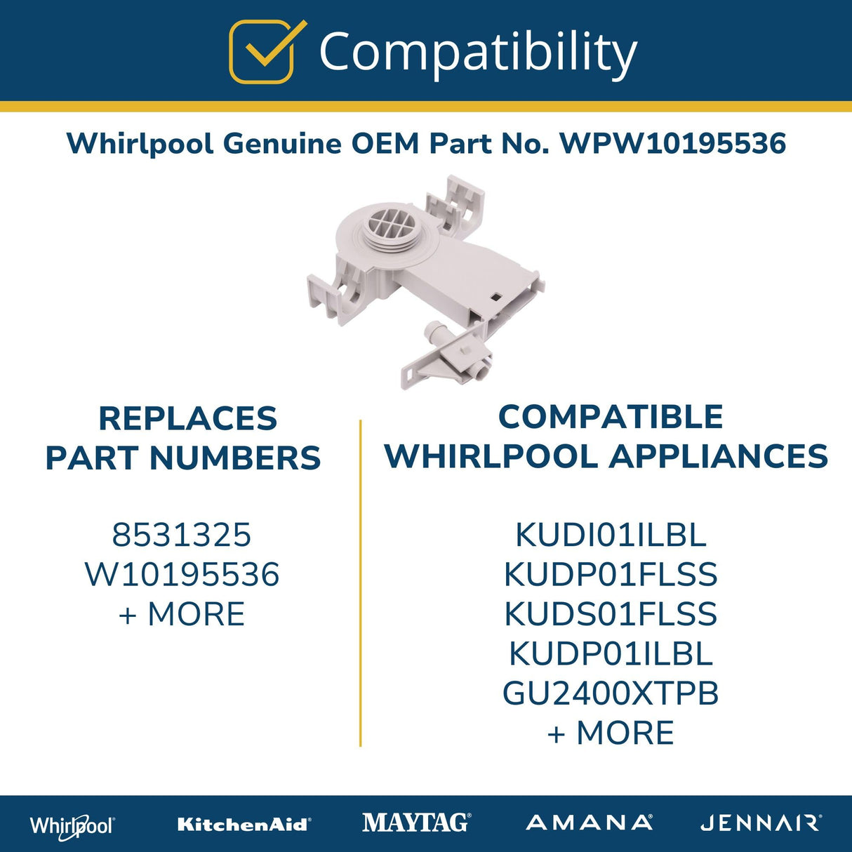Whirlpool WPW10195536 Genuine OEM Dishwasher Water Inlet Port