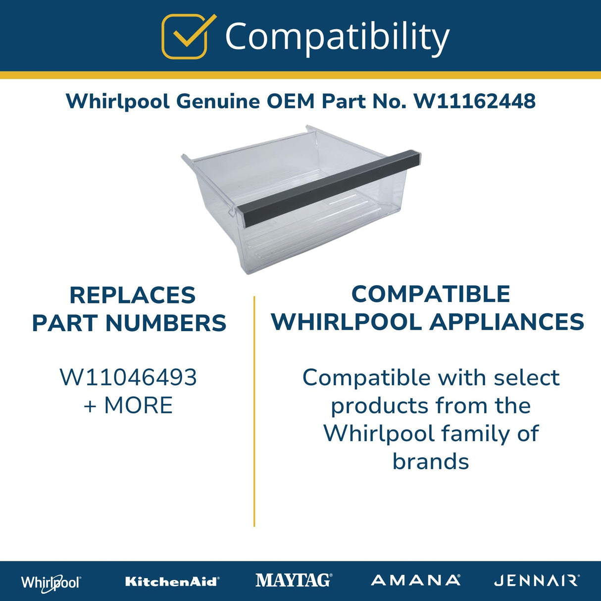 Whirlpool W11162448 Refrigerator Snack Drawer (Replaces W11046493) Genuine Original Equipment Manufacturer (OEM) Part