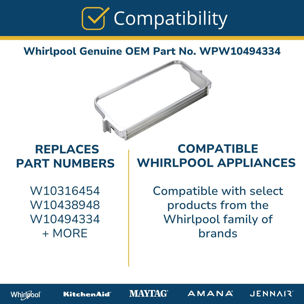 Whirlpool WPW10494334 Genuine OEM Refrigerator Door Shelf Bin Frame Replacement Part - Replaces W10316454, W10438948, and W10494334