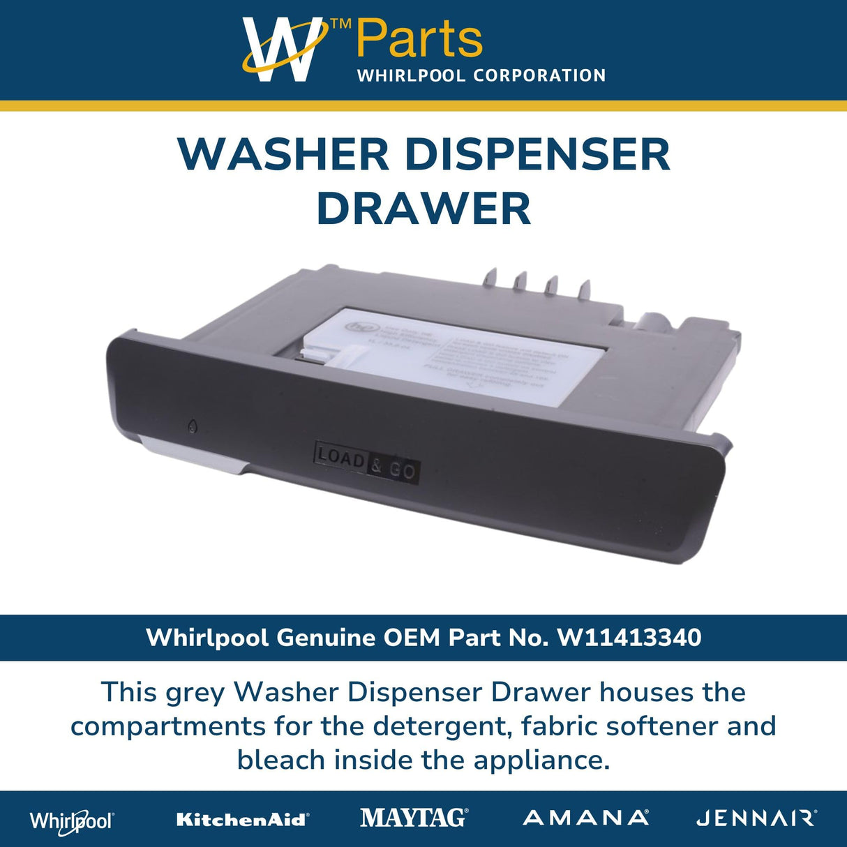 Whirlpool W11413340 Genuine OEM Washer Dispenser Drawer
