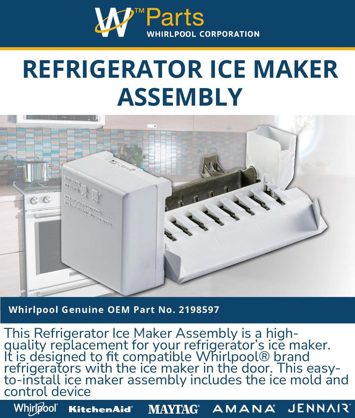 Whirlpool 2198597 OEM Refrigerator Ice Maker Assembly Icemaker, White