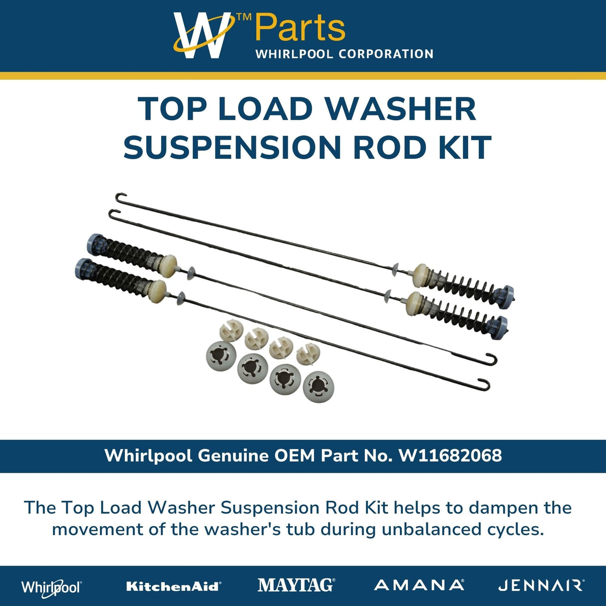 Whirlpool W11682068 Genuine OEM Top Load Washer Suspension Rod Kit Replacement Part