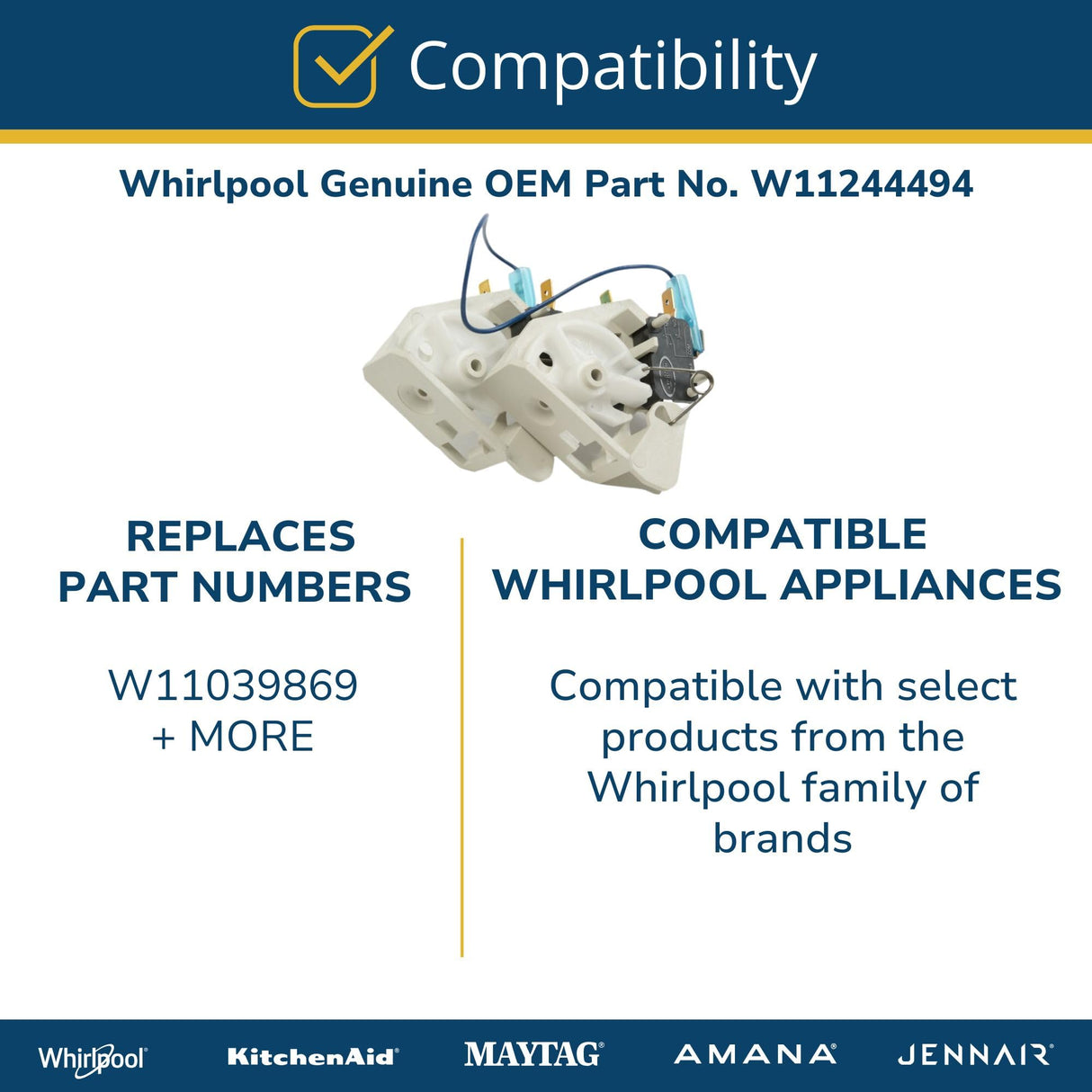Whirlpool W11244494 Genuine OEM Microwave Door Interlock Switch Assembly Replacement Part - Replaces