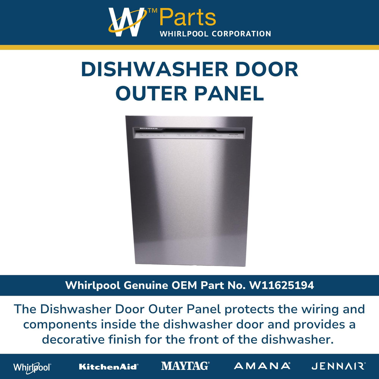 Whirlpool W11625194 Genuine OEM Dishwasher Door Outer Panel