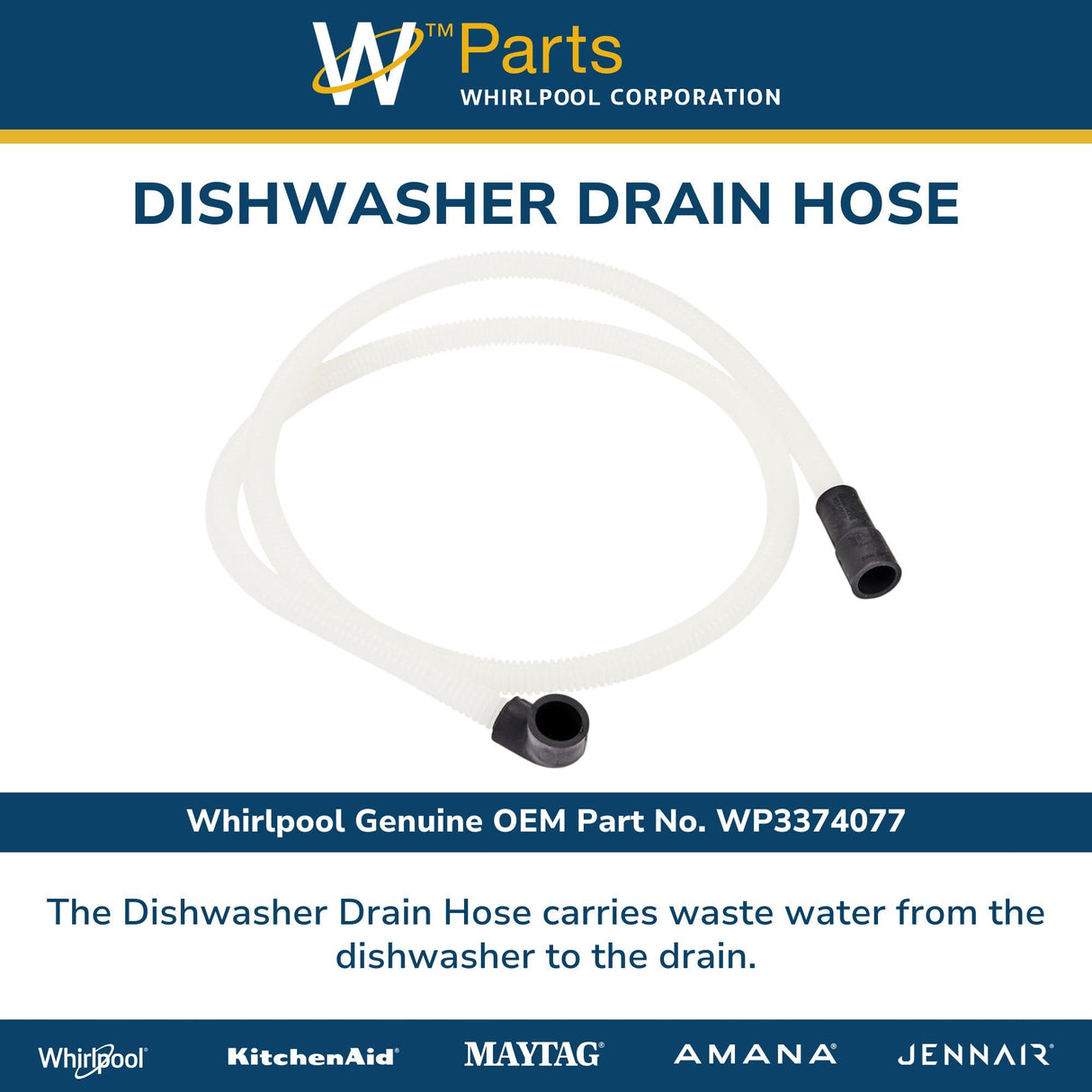 Whirlpool WP3374077 Genuine OEM Dishwasher Drain Hose Replacement Part - Replaces 3368781 and 3374077