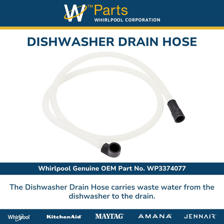 Whirlpool WP3374077 Genuine OEM Dishwasher Drain Hose Replacement Part - Replaces 3368781 and 3374077