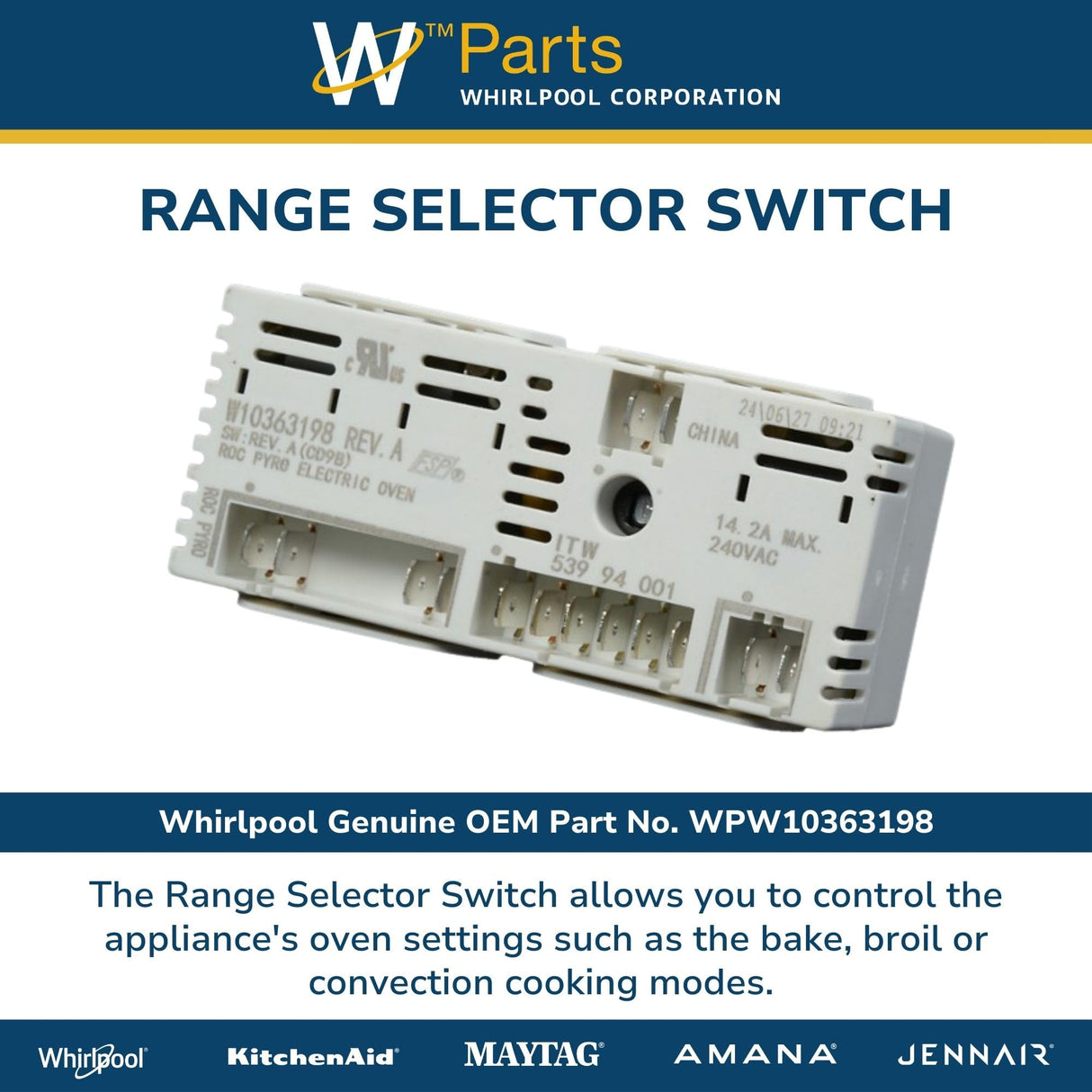 Whirlpool WPW10363198 Genuine OEM Range Selector Switch Replacement Part - Replaces W10363198