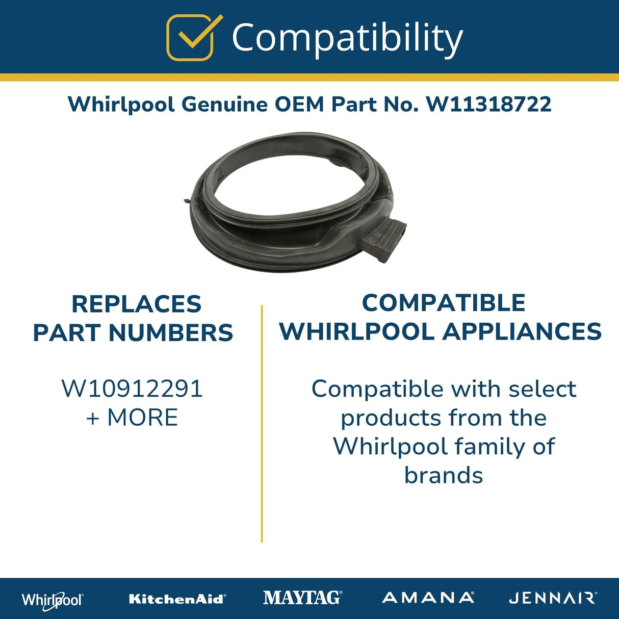 Whirlpool W11318722 Genuine OEM Front Load Washer Door Boot Seal Replacement Part - Replaces W10912291