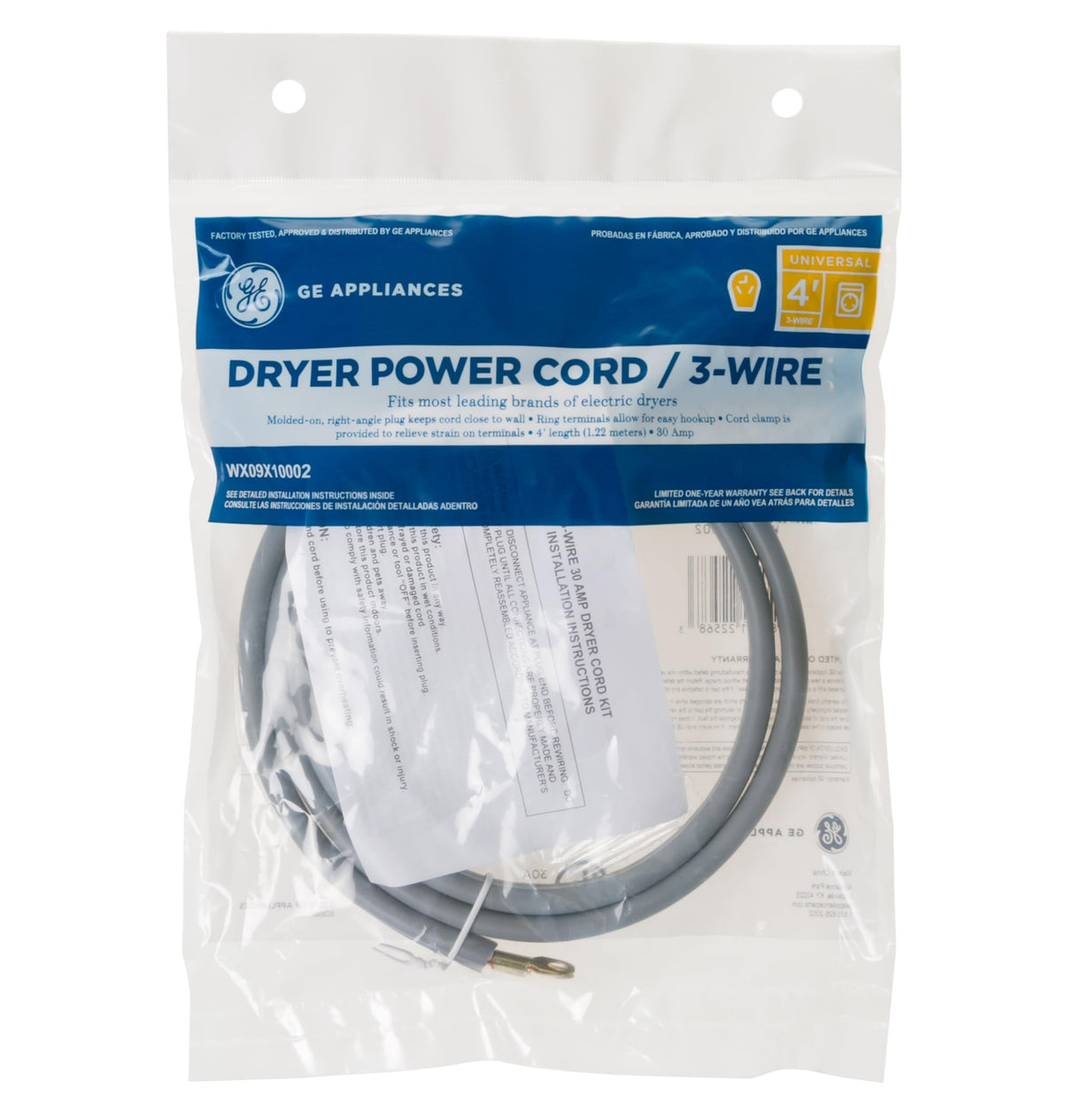 GE WX09X10002 Genuine OEM GE Appliances 4' 30 Amp 3-Wire Dryer Cord