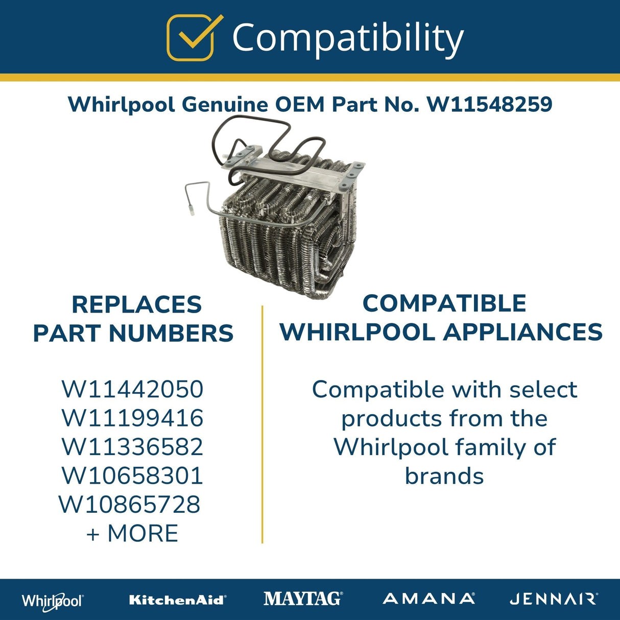 Whirlpool W11548259 Genuine OEM Refrigerator Condenser Coil Replacement Part - Replaces W11442050, W11199416, and more