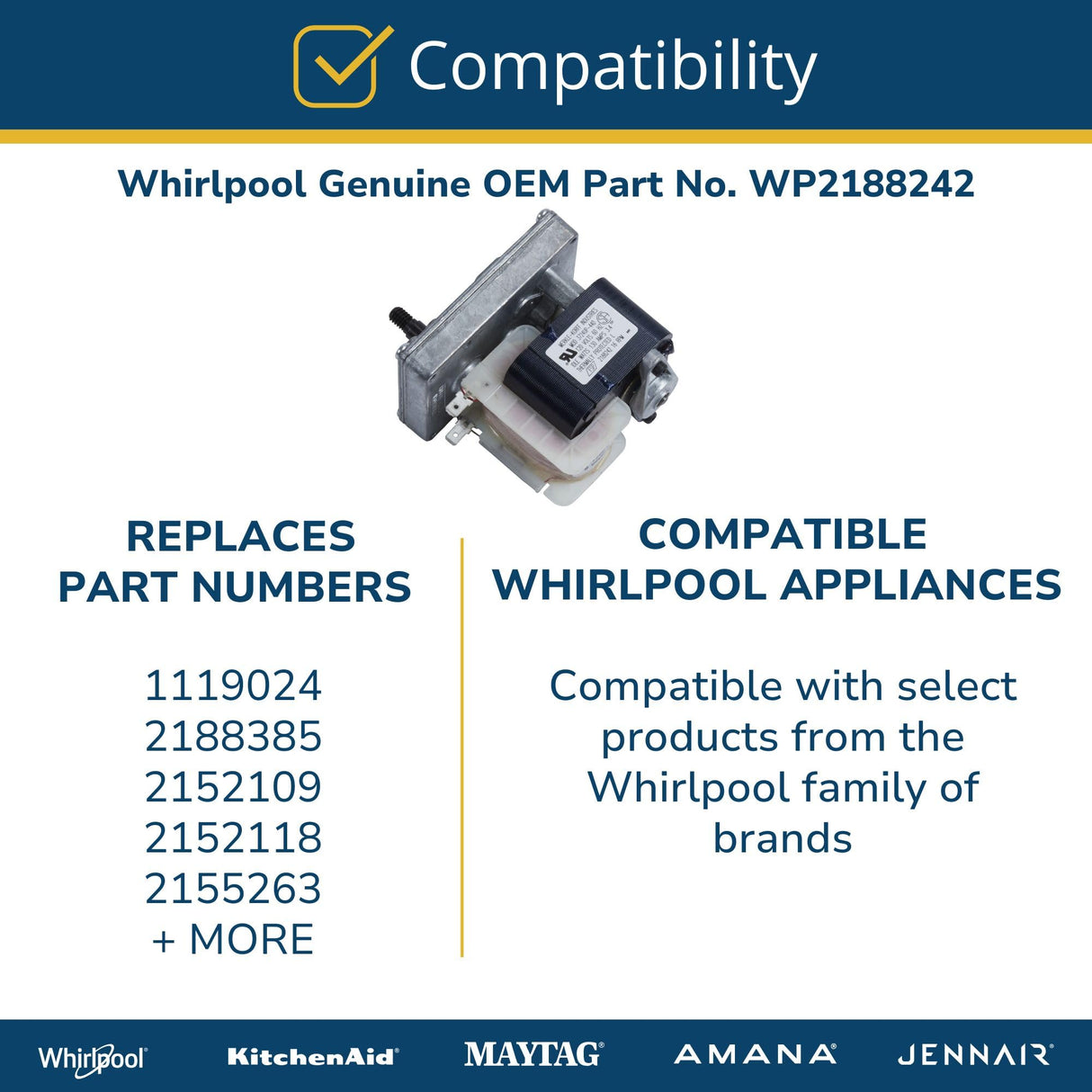 Whirlpool WP2188242 Genuine OEM Refrigerator Auger Motor Replacement Part - Replaces 1119024, 2188385, 2152109, and more