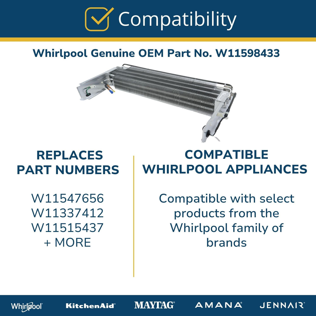 Whirlpool W11598433 Genuine OEM Refrigerator Evaporator Replacement Part - Replaces W11547656, W11337412, and W11515437