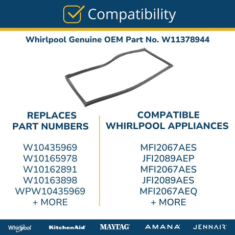 Whirlpool W11378944 Genuine OEM Refrigerator Door Gasket