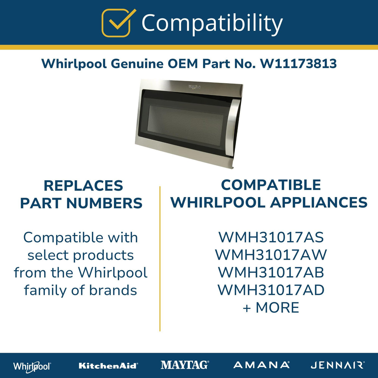 Whirlpool W11173813 OEM Microwave Door Assembly, Black