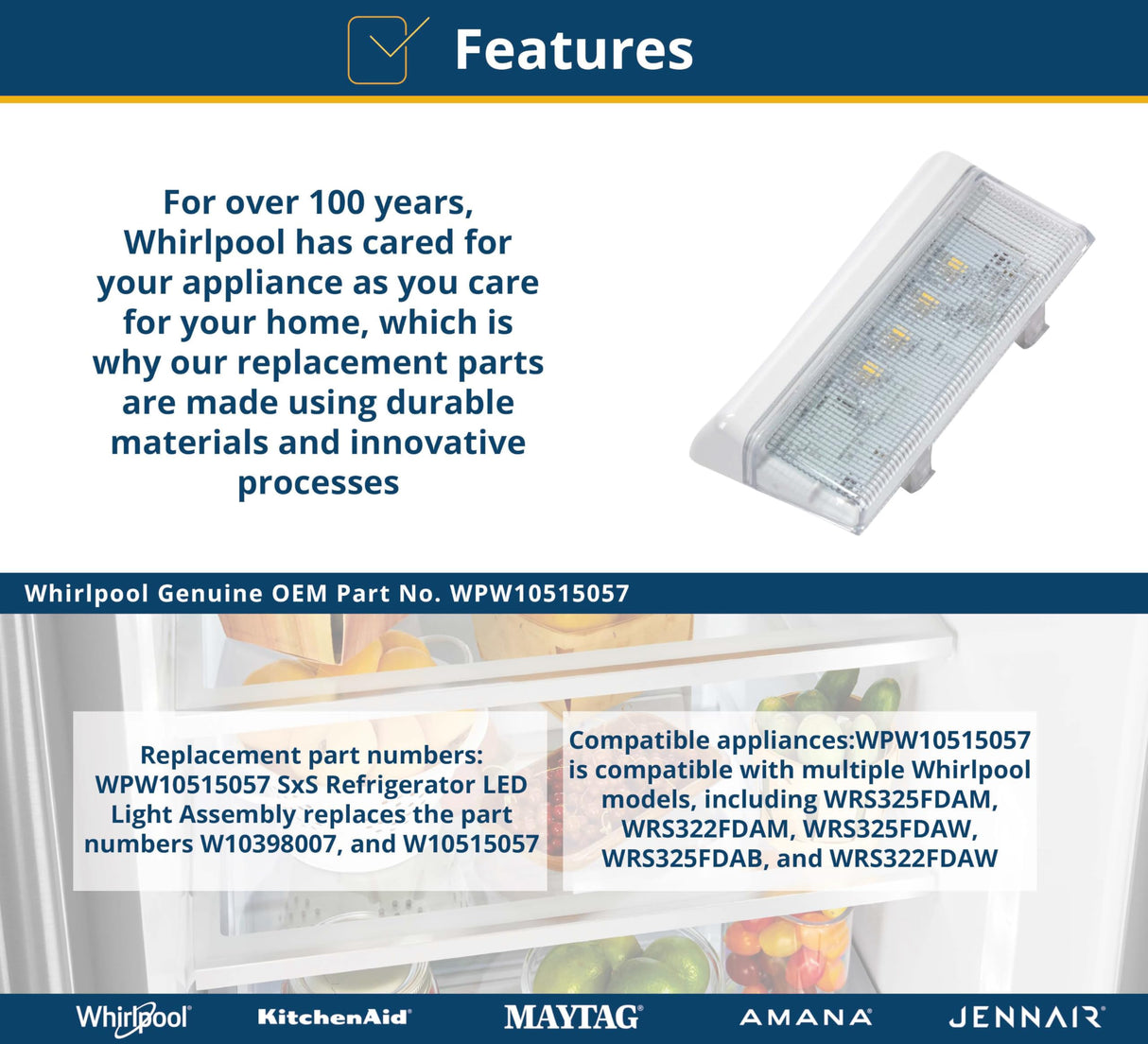 Whirlpool WPW10515057 Genuine OEM SxS Refrigerator LED Light Assembly