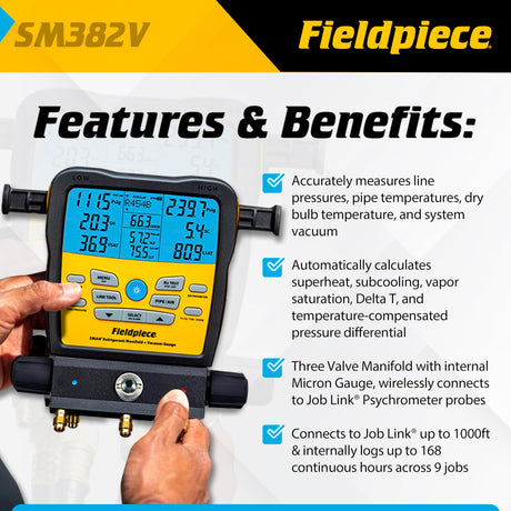 Fieldpiece SM382V 3-Valve SMAN Series Wireless Digital Refrigerant Manifold